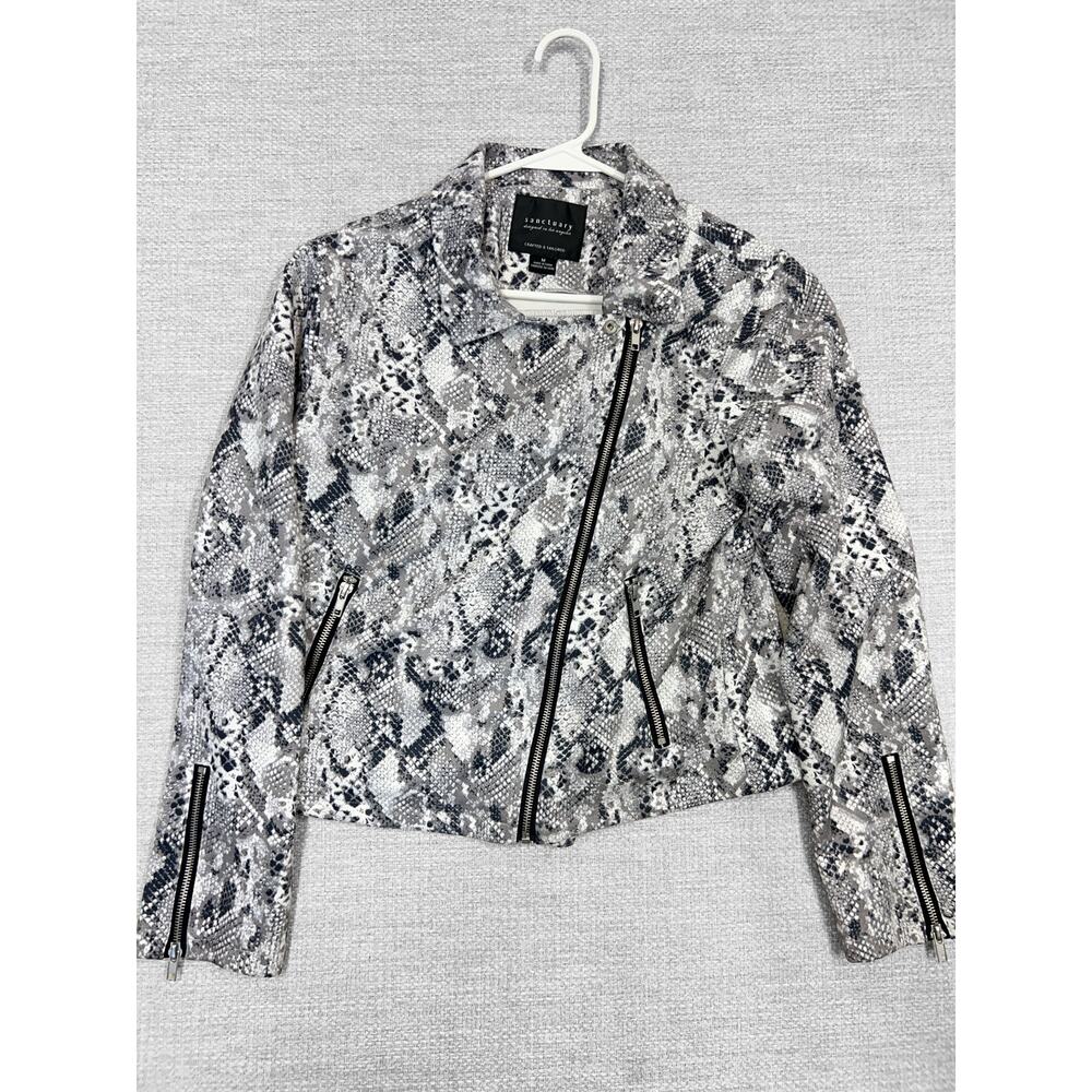 SANCTUARY Snake Print Moto Jacket Zip Sleeves‎ and Pockets Stretch Black White M
